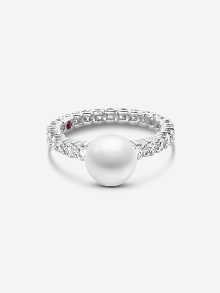 Balto aukso žiedas su deimantais ir Akoya perlu nuo 1,25 ct