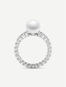 Balto aukso žiedas su deimantais ir Akoya perlu nuo 1,25 ct