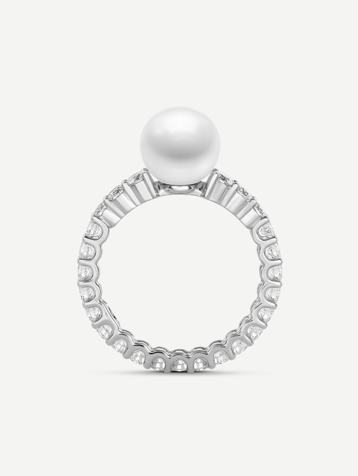 Balto aukso žiedas su deimantais ir Akoya perlu nuo 1,25 ct
