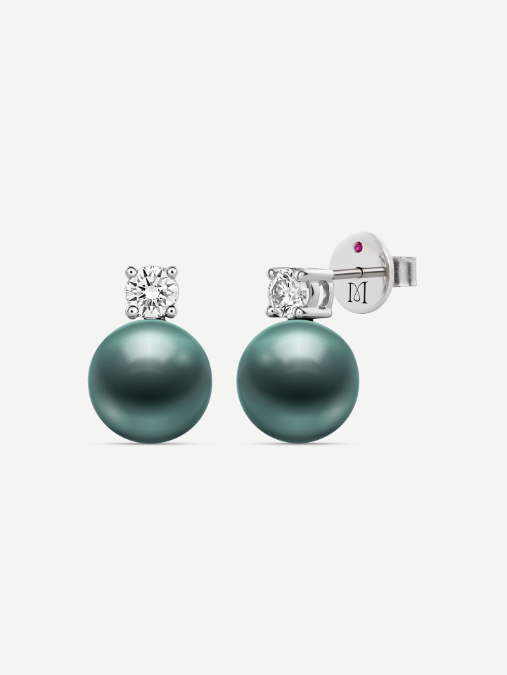 White Gold Tahitian Pearl Earrings with Diamonds 0.42 ct