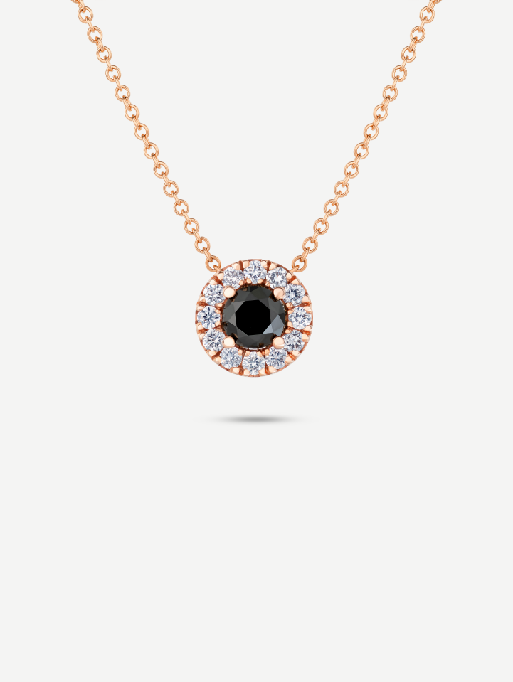 Rožinio aukso pakabukas su juoduoju ir baltaisiais deimantais 0,71 ct
