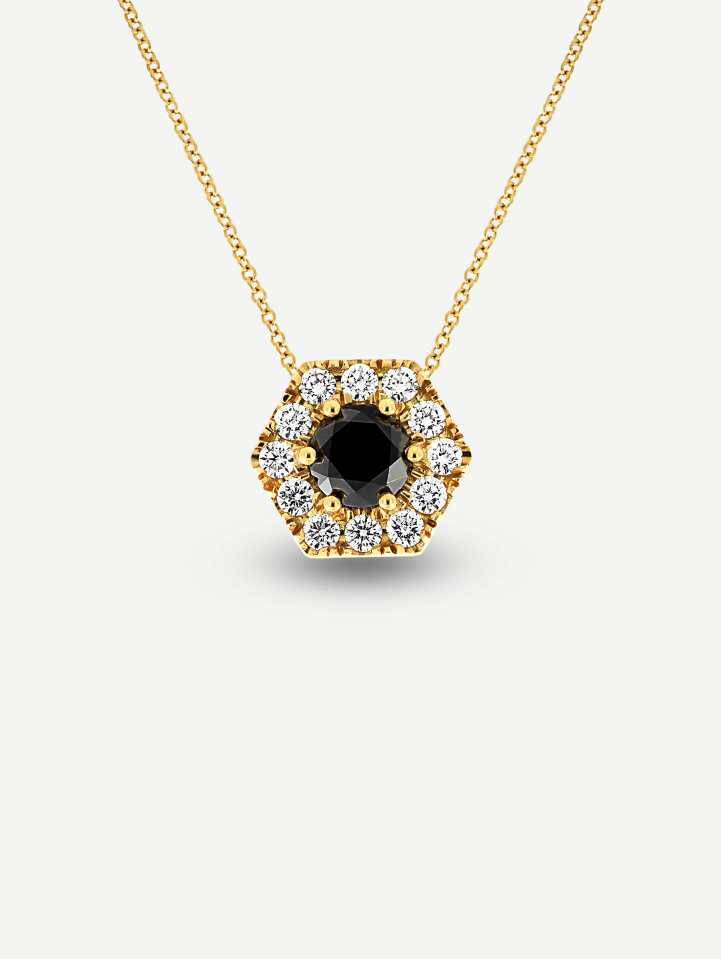 Signature geltono aukso pakabukas su juoduoju ir baltaisiais deimantais 1,42 ct